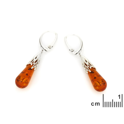 Cercei cu chihlimbar natural cognac, din argint 925 placat cu rodiu
