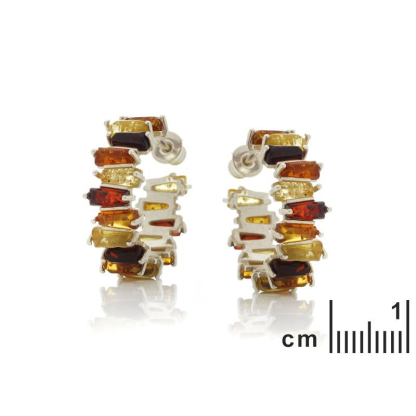 Boucles d'oreilles avec ambre multicolore de la mer Baltique, argent rhodié 925