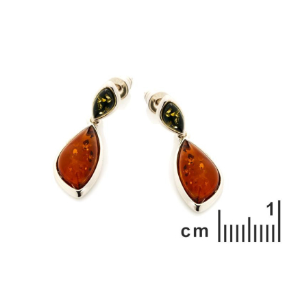 Doğal çok renkli amber, 925 rodyum kaplama gümüş ile sallantılı küpe