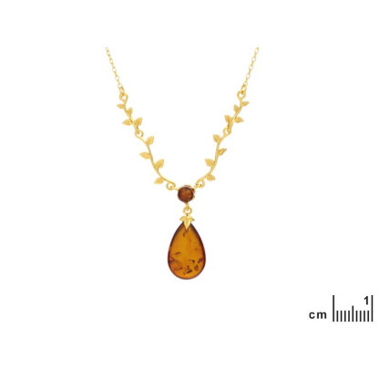 Collier feuille avec ambre cognac goutte, en argent doré 925, longueur 42 +3 cm