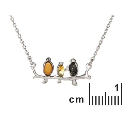 Bird necklace with multi-colored amber, in 925 rhodium silver, length 42 + 3 cm