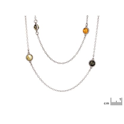 Collana con pallina di ambra multicolore, in argento 925 rodiato, lunghezza 100+5 cm