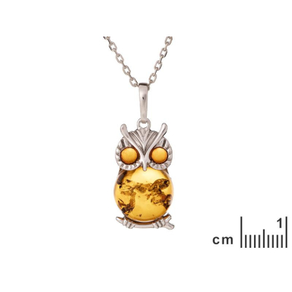 Ciondolo gufo con ambra cognac, in argento 925 rodiato, altezza 2,5+1 cm
