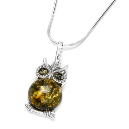 Owl pendant with green amber, in 925 rhodium silver, height 2.5+1 cm