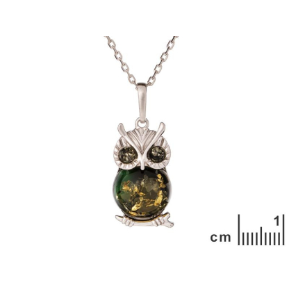 Owl pendant with green amber, in 925 rhodium silver, height 2.5+1 cm