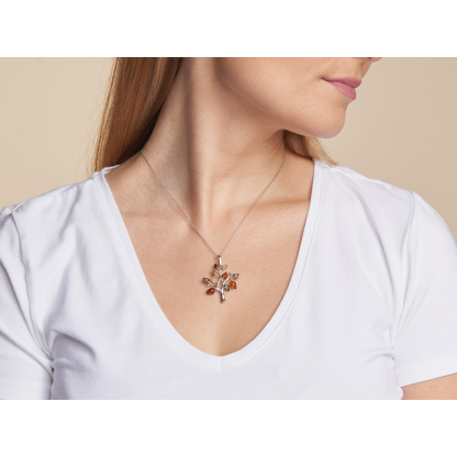 Ciondolo albero della vita con ambra multicolore, argento 925 rodiato, 3,3+1 cm