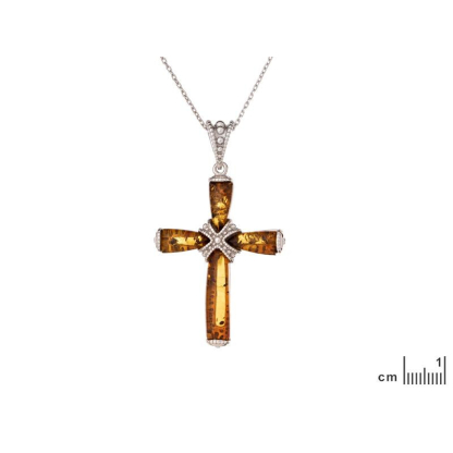 Pandantiv cruce cu chihlimbar coniac, din argint 925 rodiu, înălțime 3,5+1 cm