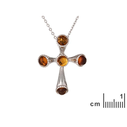 Kruishanger met ronde cognac-amber, in 925 gerhodineerd zilver, hoogte 2,5 cm
