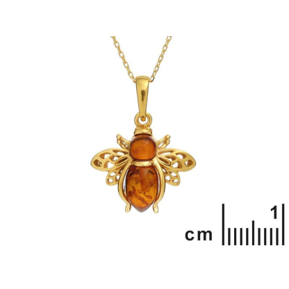 Pendentif abeille avec ambre cognac, en argent doré 925, hauteur 1,6+0,8 cm