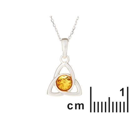 Pandantiv Triquetra cu chihlimbar coniac, din argint 925 rodiu, înălțime 1,4+0,8 cm