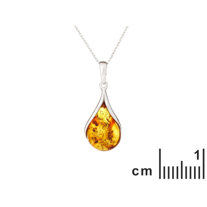 Pendente goccia con ambra naturale cognac, in argento 925 rodiato, altezza 2+1 cm