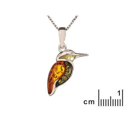 Ciondolo colibrì con ambra naturale multicolore, in argento 925 rodiato