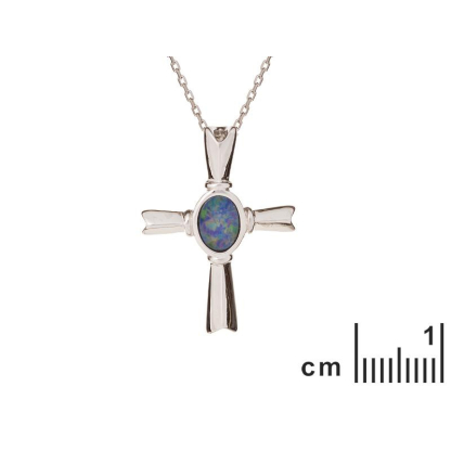 Colgante cruz con doblete de ópalo azul, en plata 925 rodiada, altura 2,5 cm