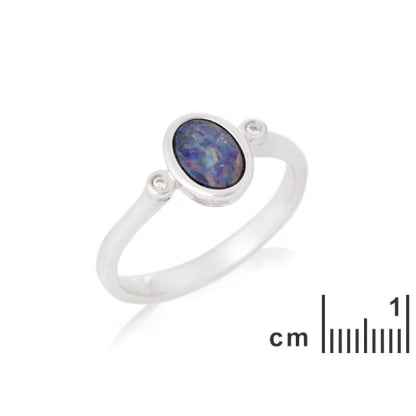 Oval ikili opal ve zirkonyum oksitli yüzük, 925 rodyum kaplama gümüş