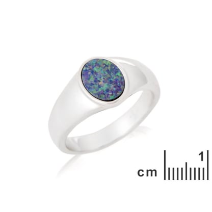 Inel sigiliu cu opal dublu australian oval albastru, din argint 925 placat cu rodiu