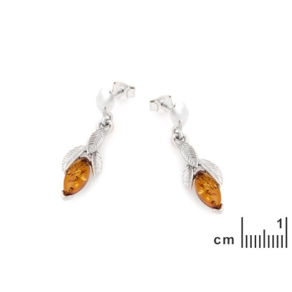 Dangle earrings with natural cognac amber, in 925 rhodium silver