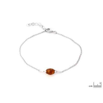 Bracciale con ambra cognac ovale, in argento 925 rodiato, lunghezza 17+3 cm
