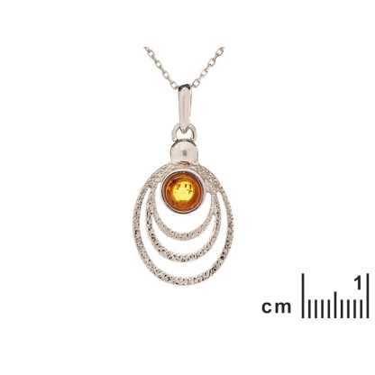 Colgante ojo de pavo real con ámbar coñac natural redondo, en plata 925 rodiada