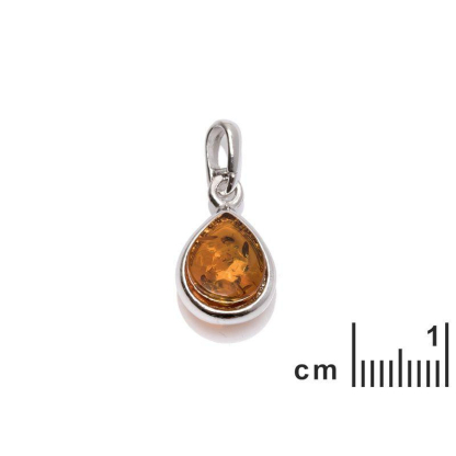 Pendentif goutte avec ambre cognac, en argent rhodié 925, hauteur 1,2+1 cm