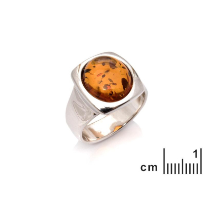 Anillo sello rectangular con ámbar coñac natural ovalado, en plata 925 rodiada
