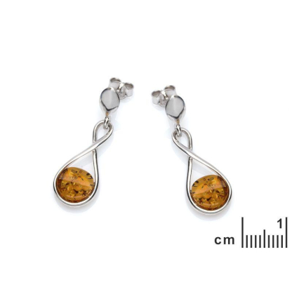 Boucles d'oreilles pendantes avec ambre cognac rond, en argent rhodié 925