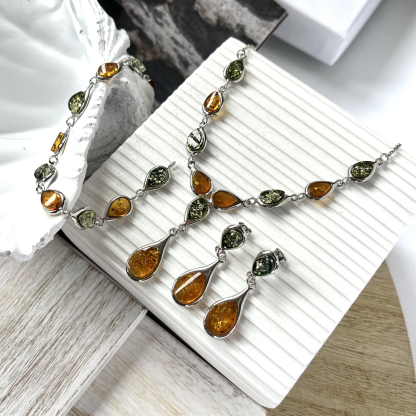 Drop earrings with cognac amber, in 925 rhodium silver