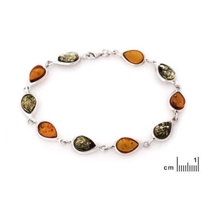Pulsera con gota de ámbar coñac, en plata 925 rodiada, longitud 19 cm