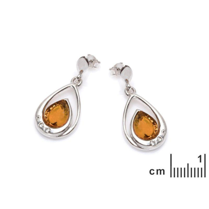 Boucles d'oreilles pendantes avec ambre et cristal swarovski, argent rhodié 925