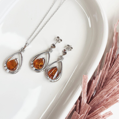 Boucles d'oreilles pendantes avec ambre et cristal swarovski, argent rhodié 925