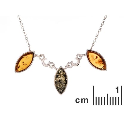 Collana con ambra a navetta multicolore, in argento 925 rodiato, lunghezza 42+3 cm