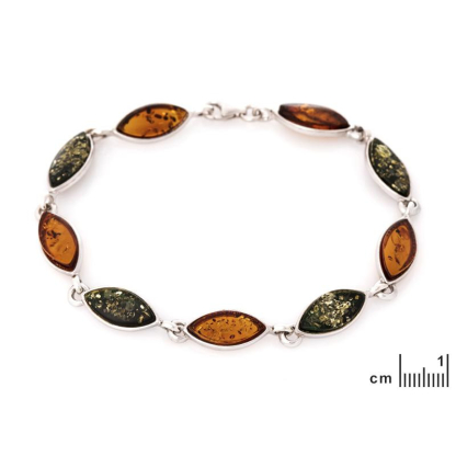 Bracciale con ambra a navetta multicolore, in argento 925 rodiato, lunghezza 18 cm