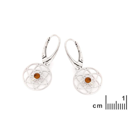 Flower of life earrings with natural cognac amber, in 925 rhodium silver