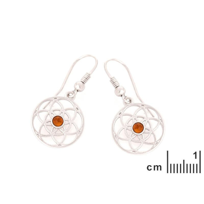 Ohrringe „Blume des Lebens“ mit natürlichem Cognac-Bernstein, aus 925er rhodiniertem Silber