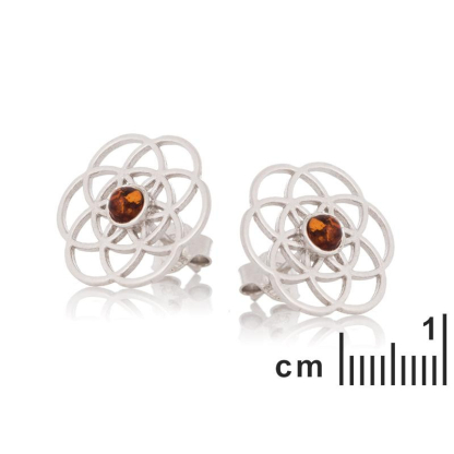 Levensbloem oorbellen met natuurlijk cognac amber, in 925 gerhodineerd zilver