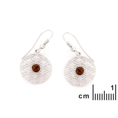 Levensbloem oorbellen met natuurlijk cognac amber, in 925 gerhodineerd zilver