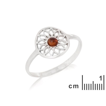 Ring „Blume des Lebens“ mit natürlichem Cognac-Bernstein, aus 925er rhodiniertem Silber