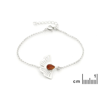 Pulseira Gingko com âmbar conhaque, em prata 925 banhada a ródio, comprimento 16+3,5 cm