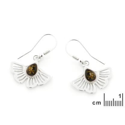 Boucles d'oreilles gingko avec ambre vert naturel, en argent rhodié 925