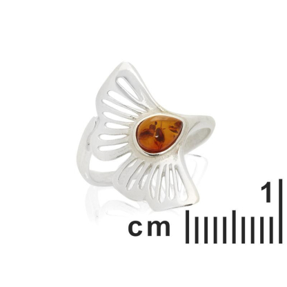 Gingko ring with natural cognac amber, in 925 rhodium silver