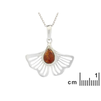 Pandantiv Gingko cu chihlimbar coniac, din argint placat cu rodiu 925, inaltime 1,5+1 cm