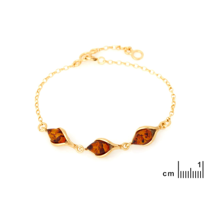 Brățară cu picătură de chihlimbar coniac, din argint aurit 925, lungime 16+3 cm