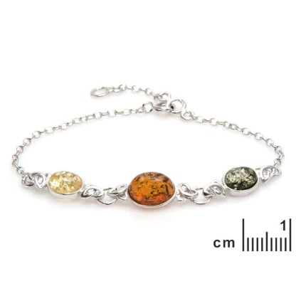 Armband met ovale veelkleurige barnsteen, in 925 gerhodineerd zilver, lengte 16+3 cm