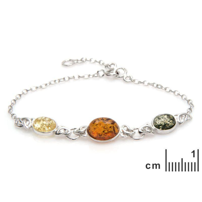Pulseira oval em âmbar multicolorido, em prata 925 banhada a ródio, comprimento 16+3 cm