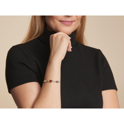 Pulseira oval em âmbar multicolorido, em prata 925 banhada a ródio, comprimento 16+3 cm