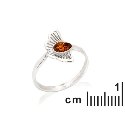 Anello Ginkgo con goccia di ambra naturale cognac, in argento 925 rodiato