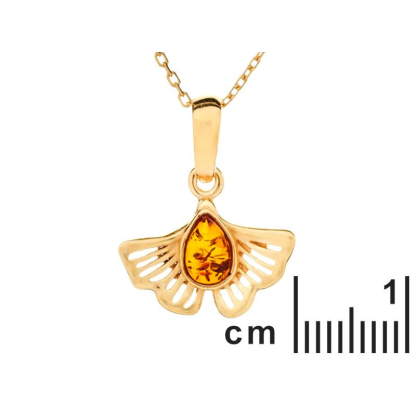 Pendentif ginkgo avec ambre cognac naturel goutte, en argent doré 925