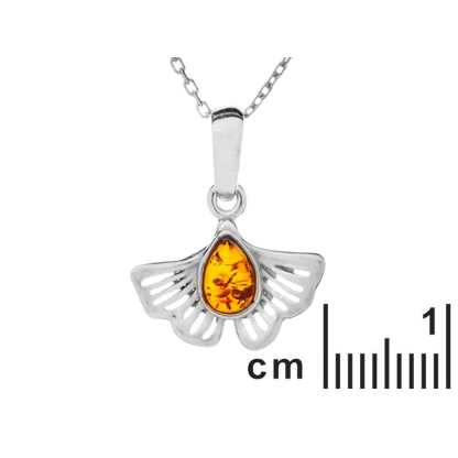 Colgante Ginkgo con gota de ámbar coñac natural, en plata 925 rodiada