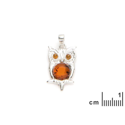 Ciondolo gufo con ambra cognac, in argento 925 rodiato, altezza 2,7+1 cm