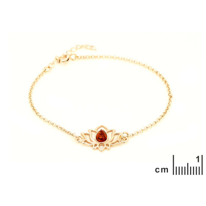 Bracelet lotus avec ambre cognac, argent doré 925, 15 + 3 cm