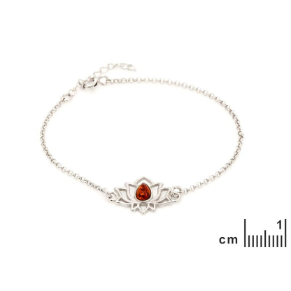 Bracciale Lotus con ambra cognac, argento 925 rodiato, 15+3 cm